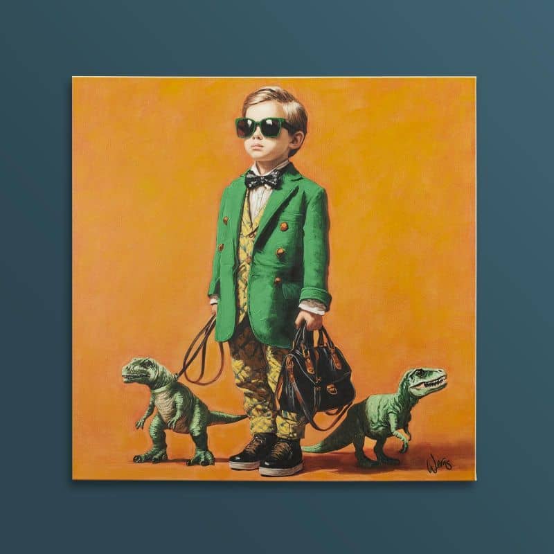 Matteo con i dinosauri Rexys, dipinto a mano